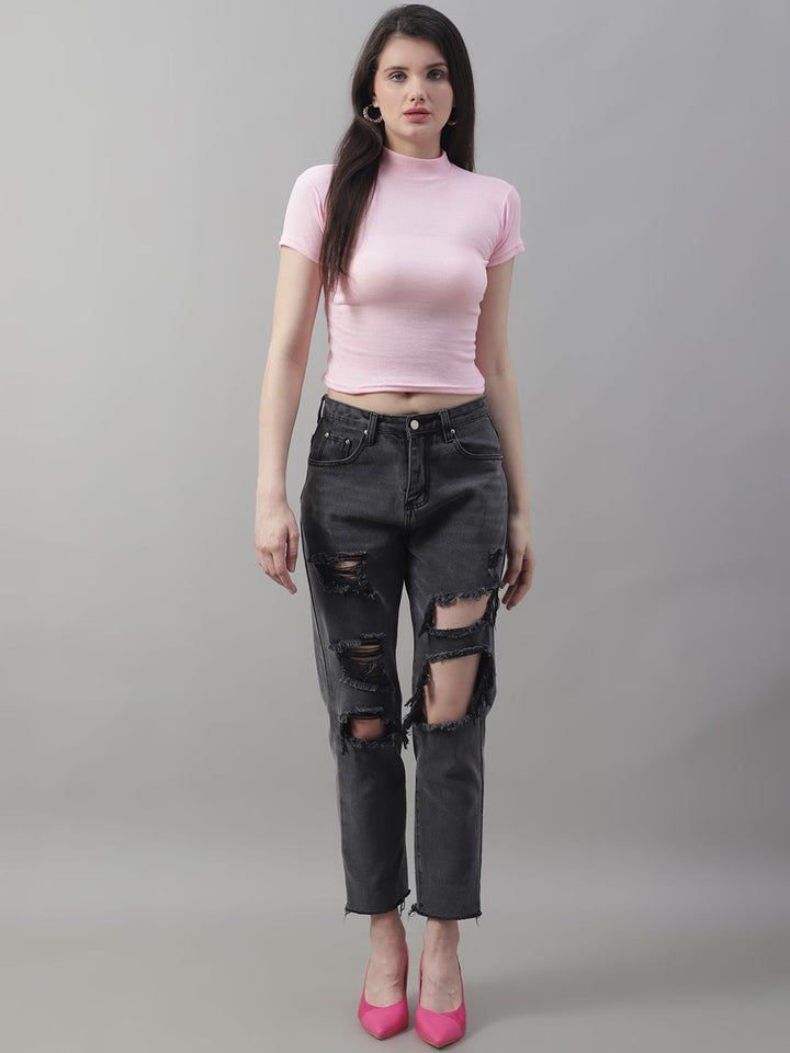 Pink Cotton Turtle-Neck Half-Sleeve Crop Top