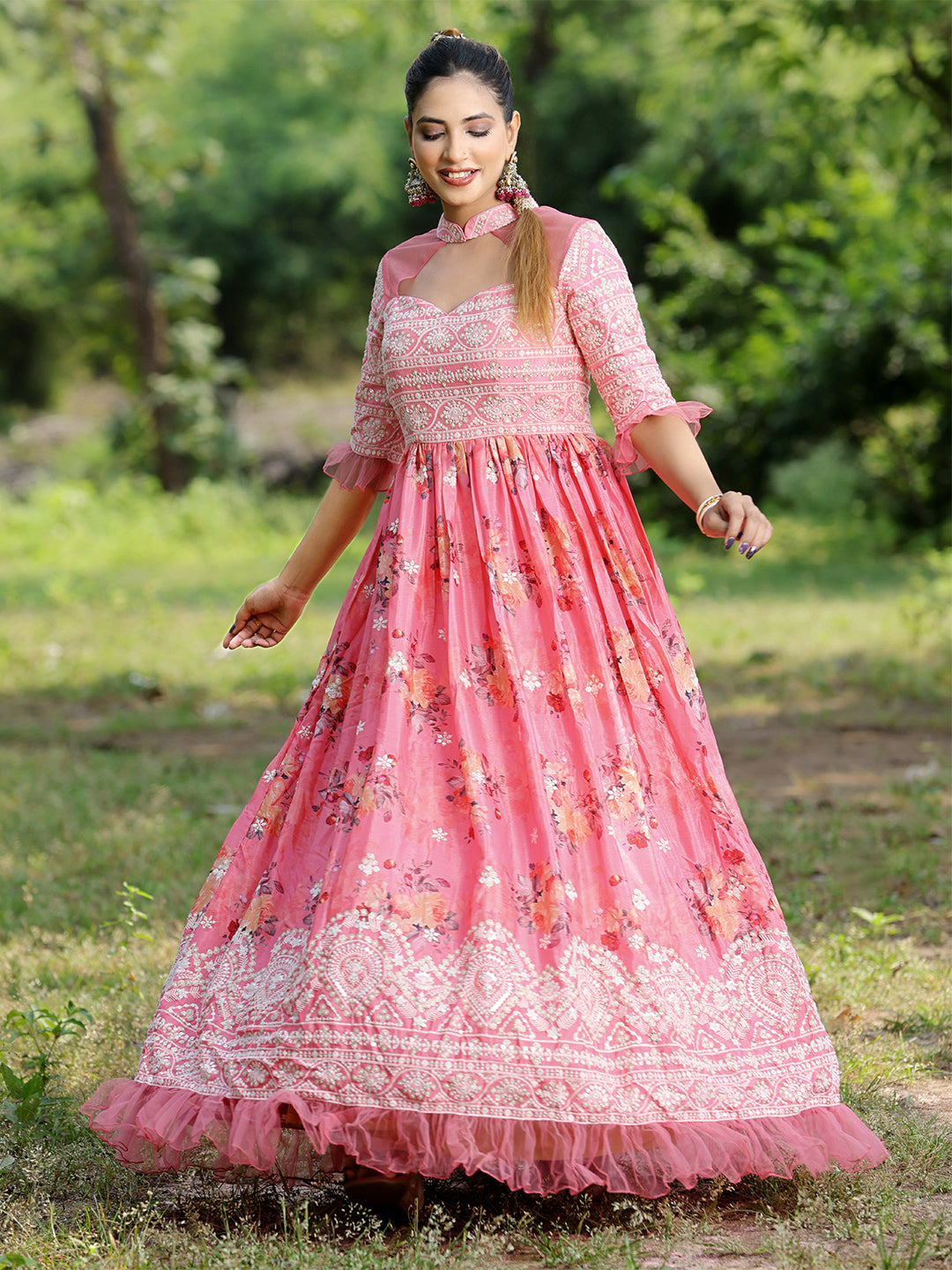 Pink-Digital-Floral-Print-Chinon-Embroidered-Gown