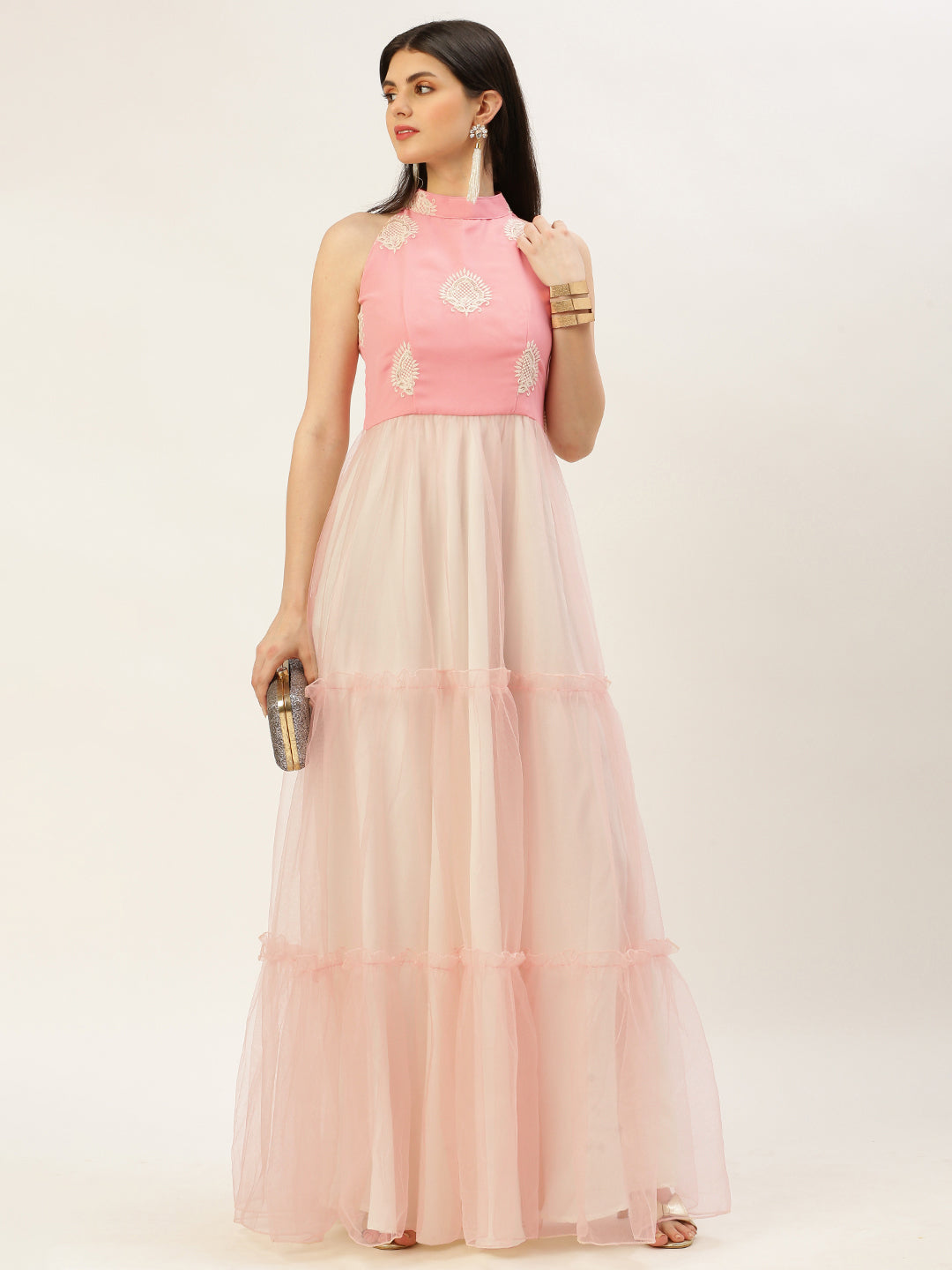 Pink-Duo-Shade-Georgette-Halter-Neck-Net-Dress