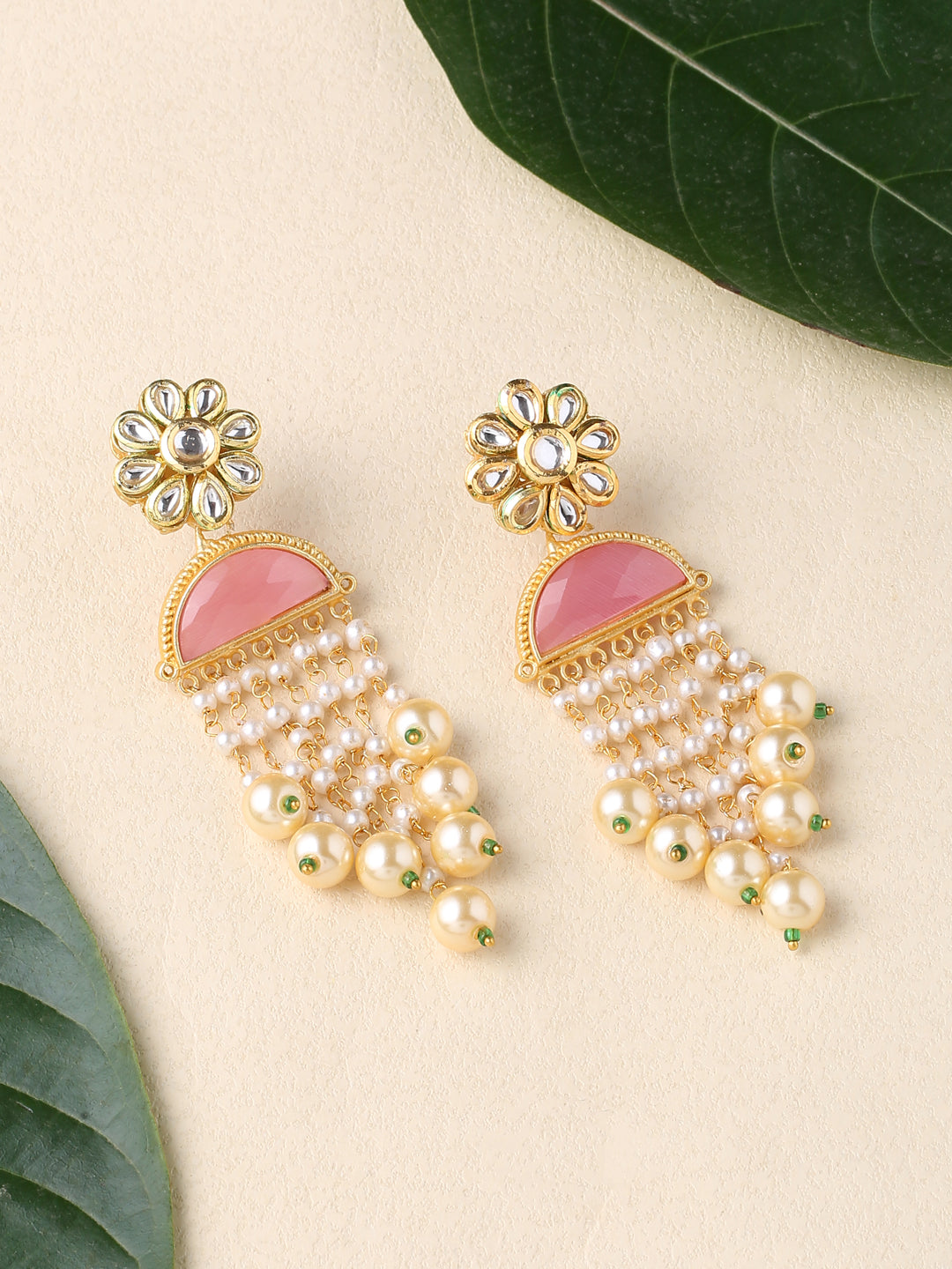 Pink Earings With Kundan Stone And Pearls