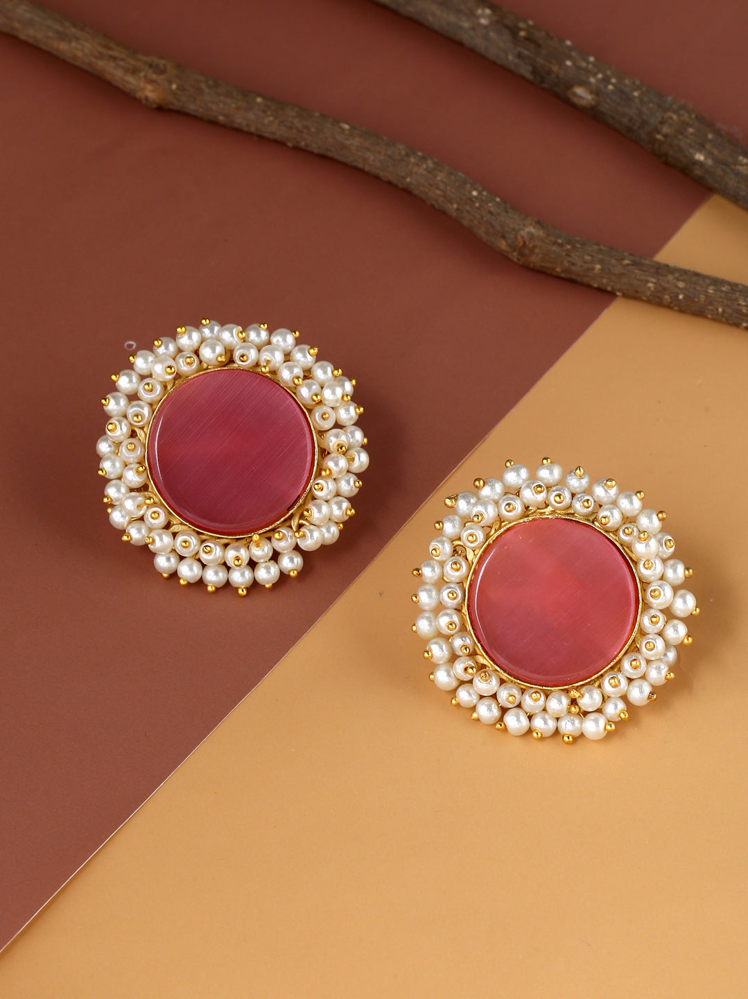 Pink Earrings With Pearls & Crystal Stones