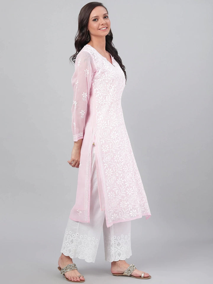 Pink-Embroidered-Chikankari-Kurta-With-Slip