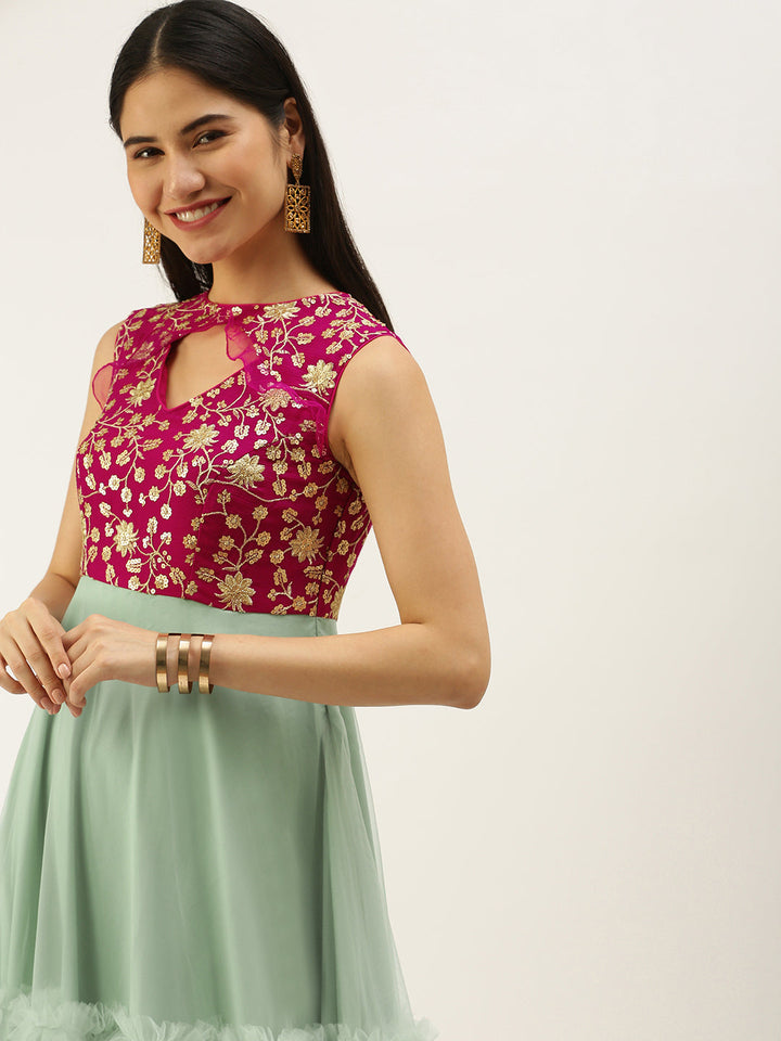 Pink-Embroidered-Chinon-&-Mint-Green-Net-Gown