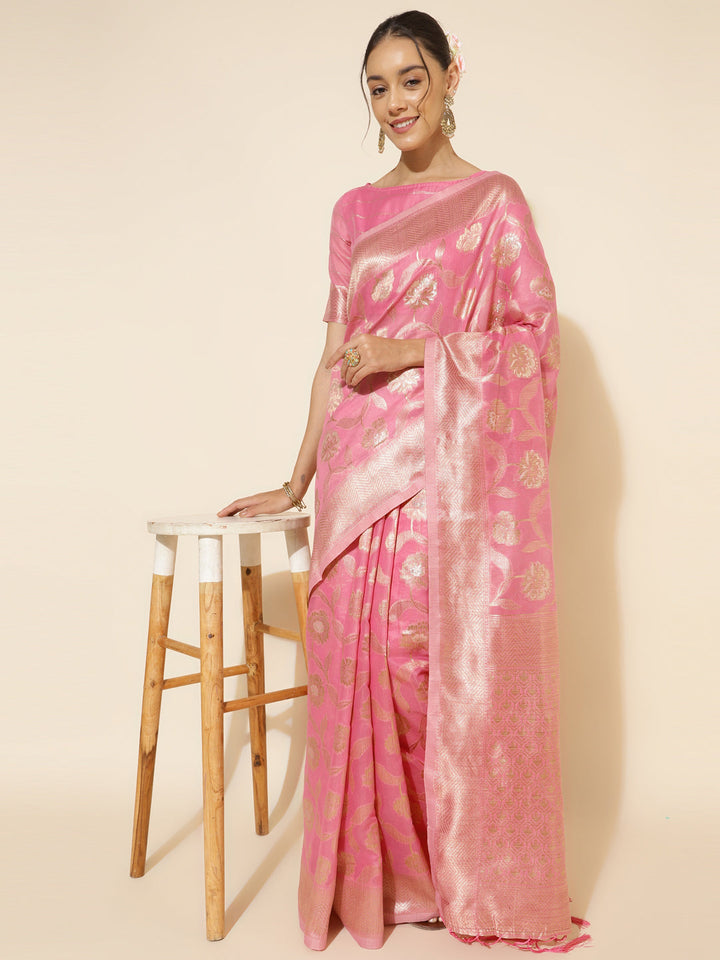 Pink Floral Woven Design Chanderi Silk Saree