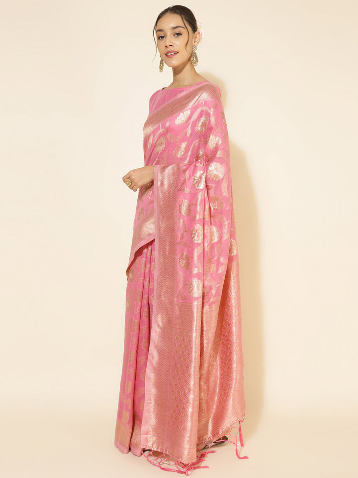 Pink Floral Woven Design Chanderi Silk Saree