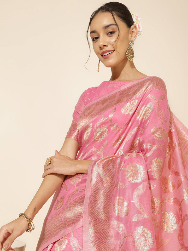 Pink Floral Woven Design Chanderi Silk Saree