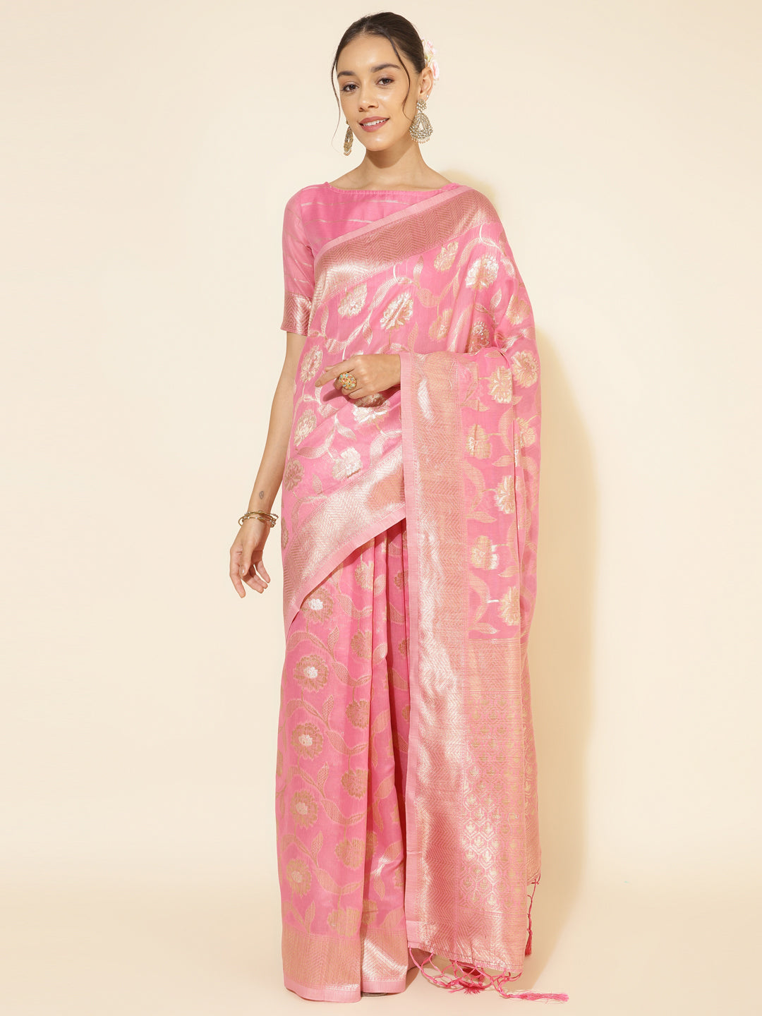 Pink Floral Woven Design Chanderi Silk Saree