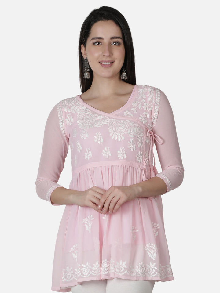 Pink Georgette Angarkha Chikankari Tunic Top With Slip