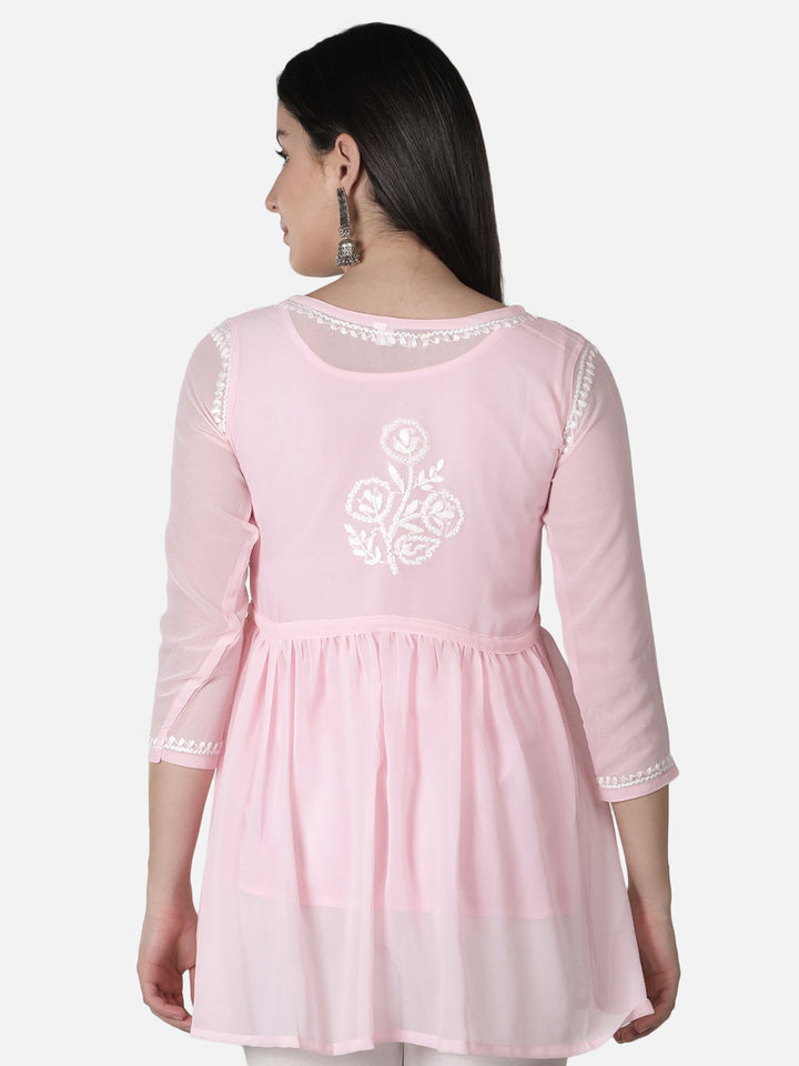 Pink Georgette Angarkha Chikankari Tunic Top With Slip