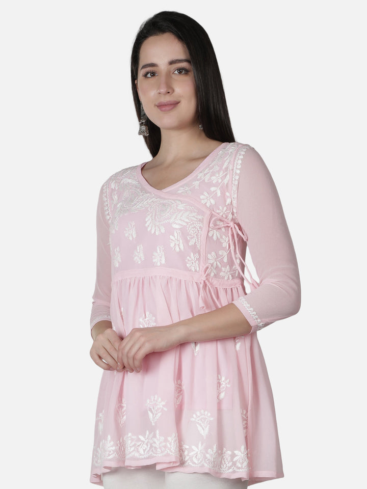 Pink Georgette Angarkha Chikankari Tunic Top With Slip