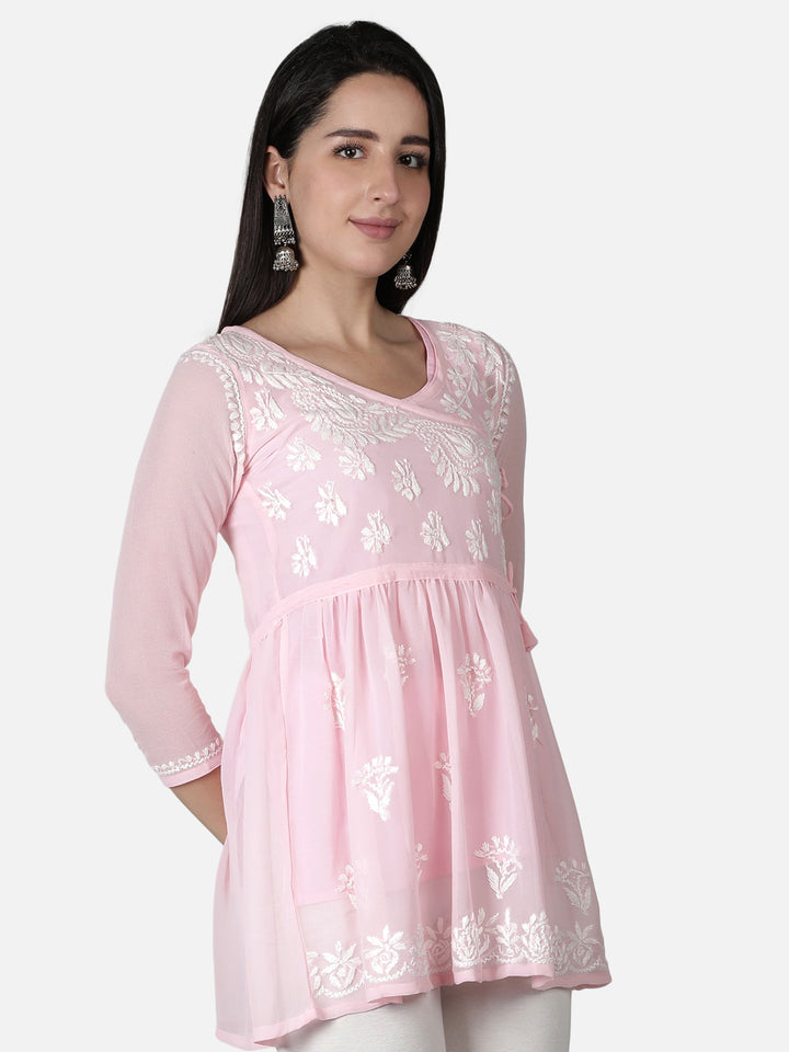 Pink Georgette Angarkha Chikankari Tunic Top With Slip