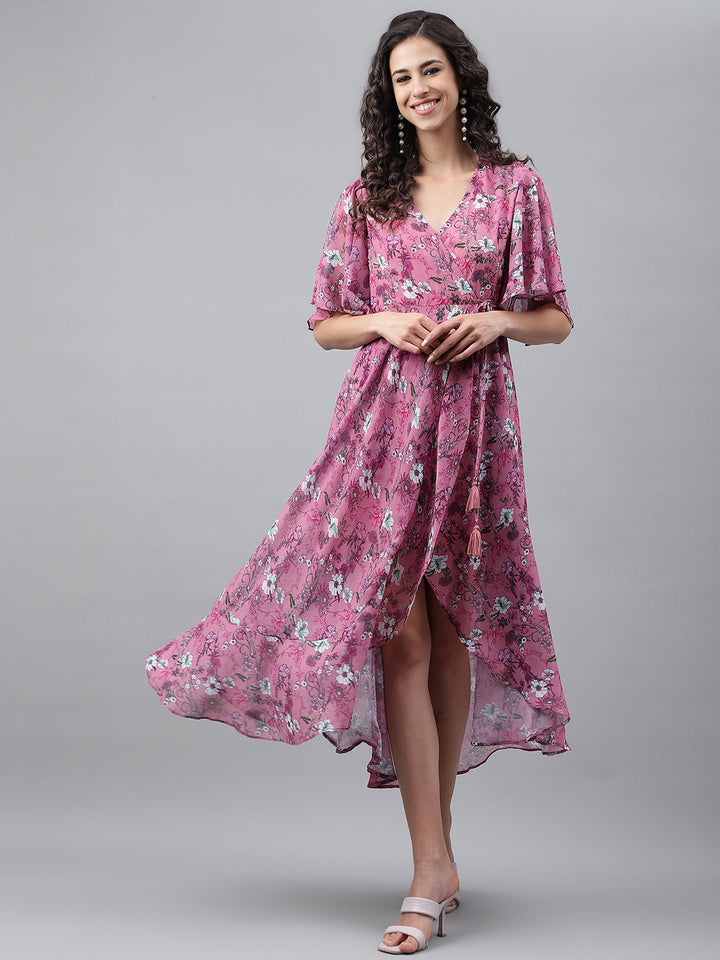 Pink Georgette Digital Printed Wrap Dress