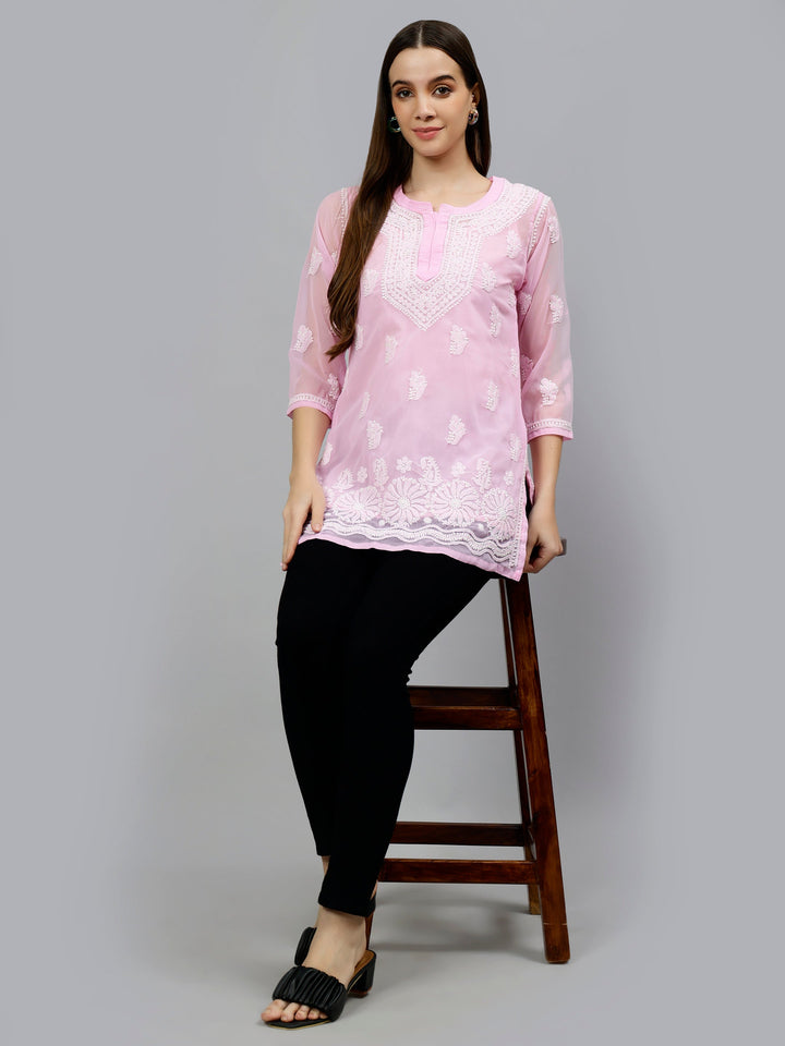 Pink Georgette Embroidered Chikankari Short Tunic with Slip