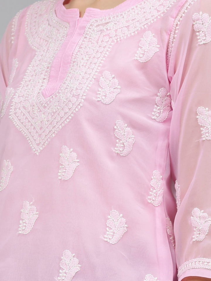 Pink Georgette Embroidered Chikankari Short Tunic with Slip