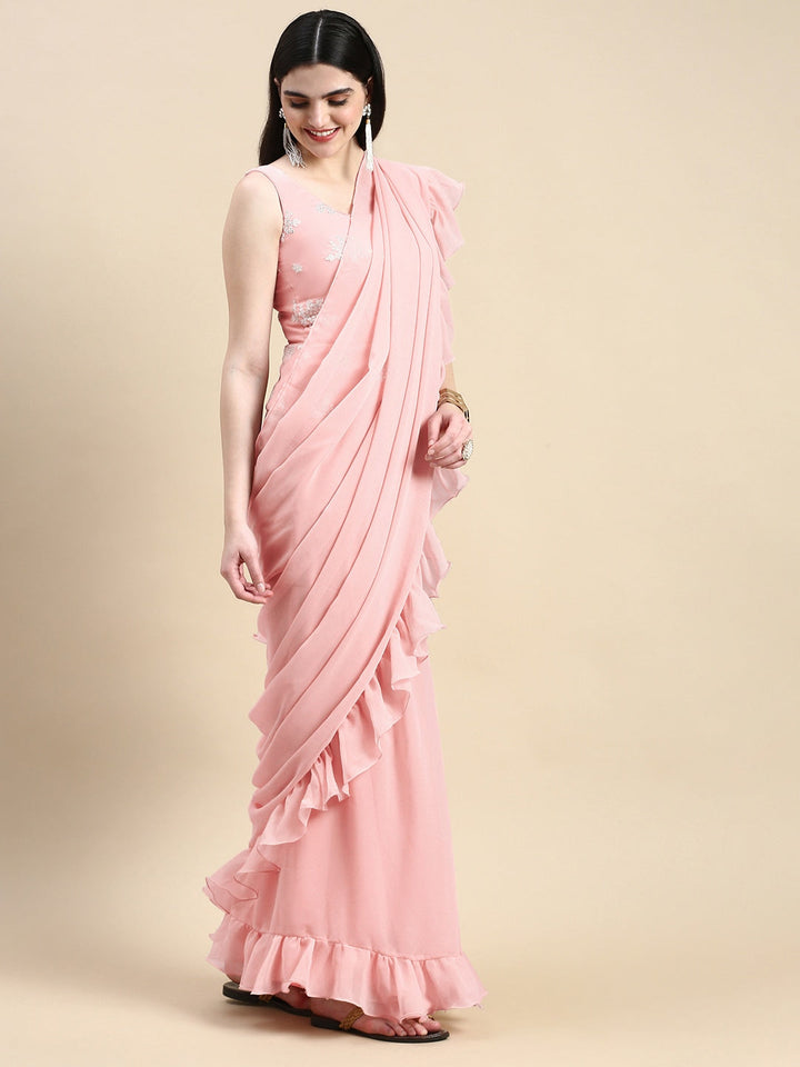 Pink Georgette Embroidered Pre-Draped Saree