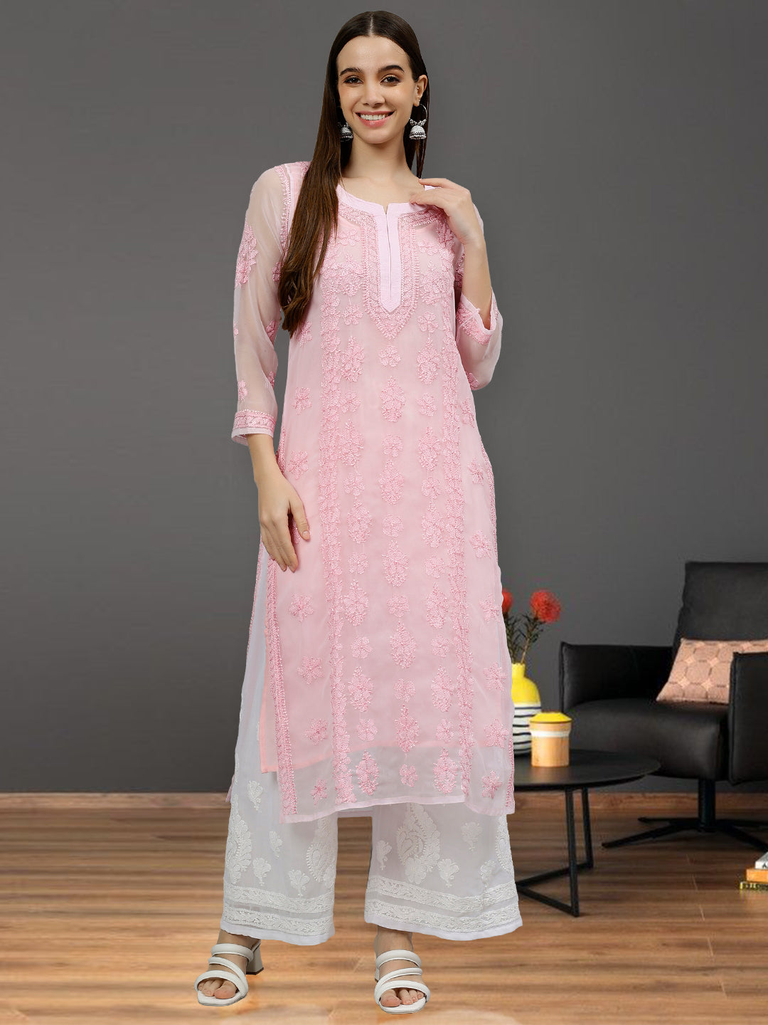 Pink-Georgette-Hand-Embroidered-Chikankari-Kurti