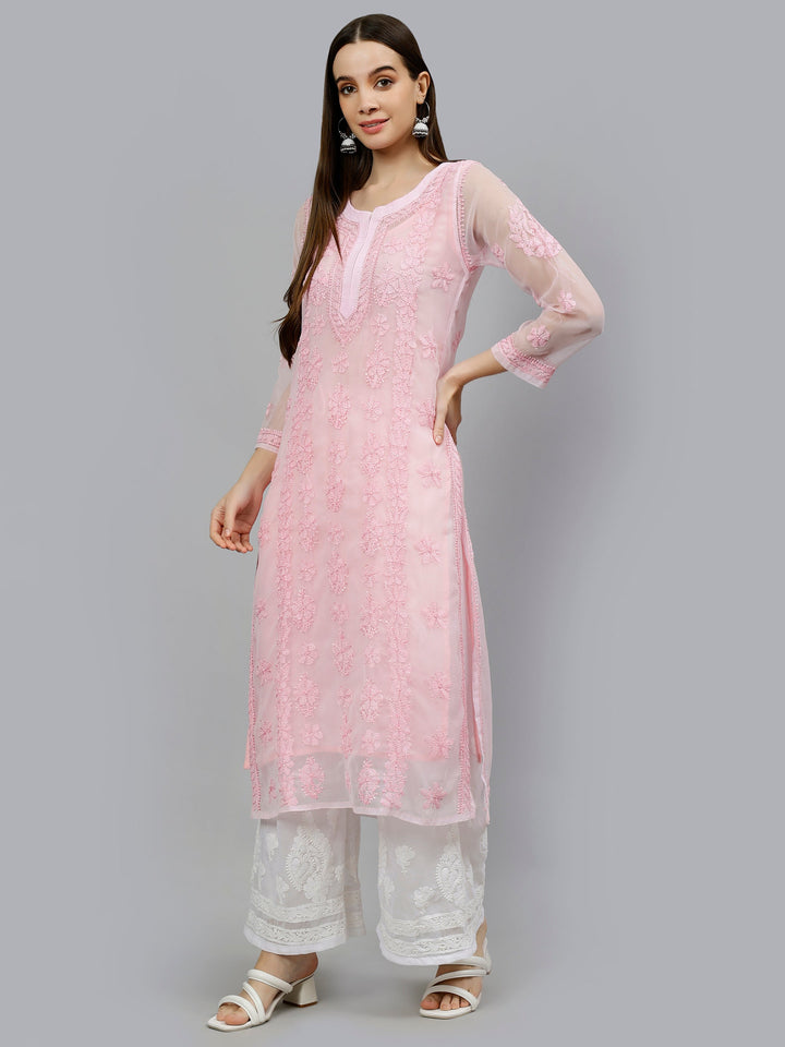 Pink-Georgette-Hand-Embroidered-Chikankari-Kurti