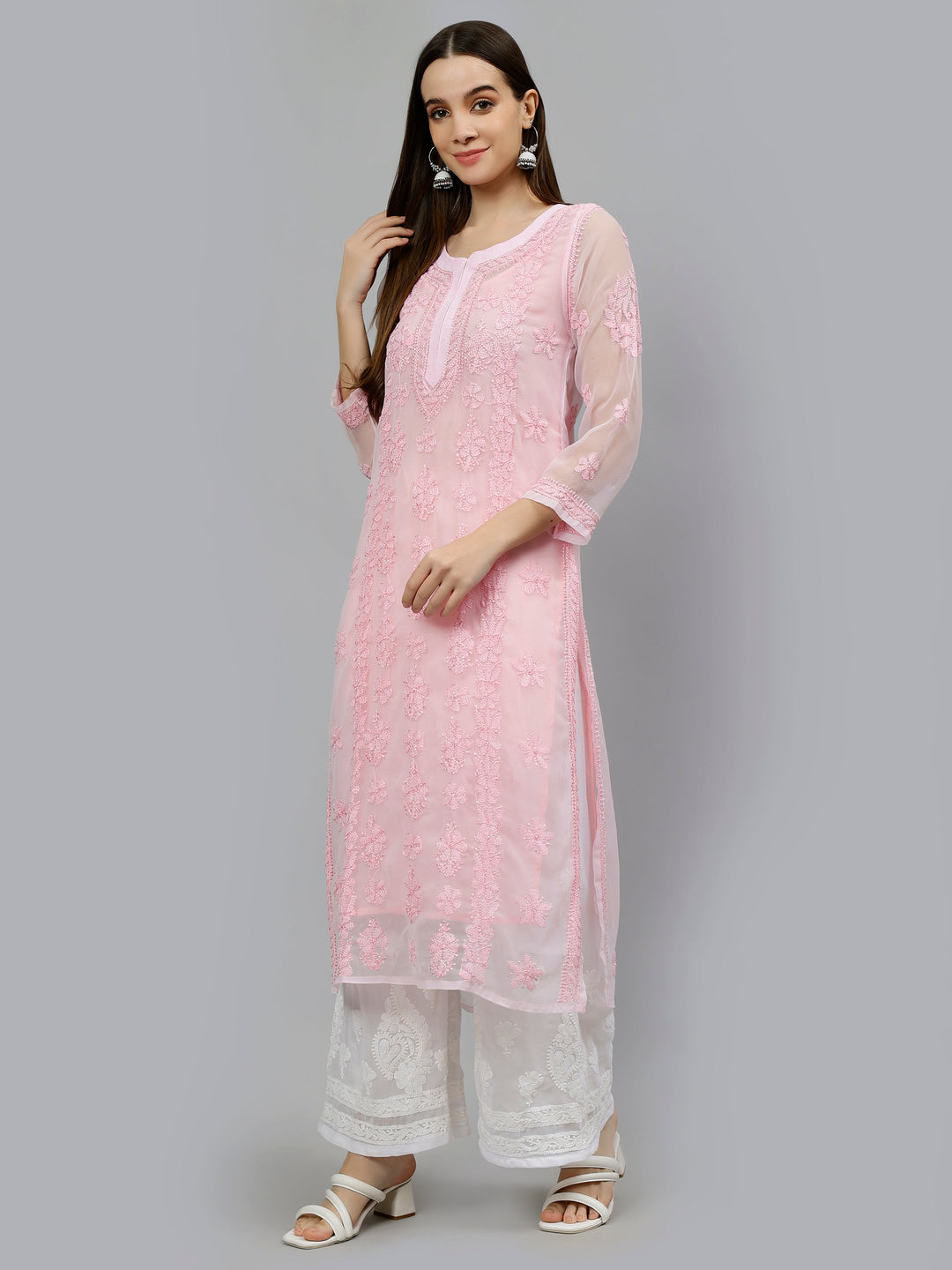 Pink-Georgette-Hand-Embroidered-Chikankari-Kurti