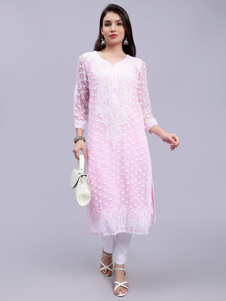 Pink Georgette Handwoven Chikankari Kurti with Slip