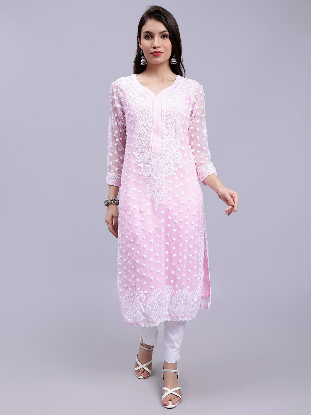 Pink Georgette Handwoven Chikankari Kurti with Slip