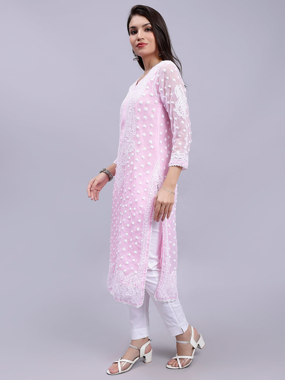 Pink Georgette Handwoven Chikankari Kurti with Slip