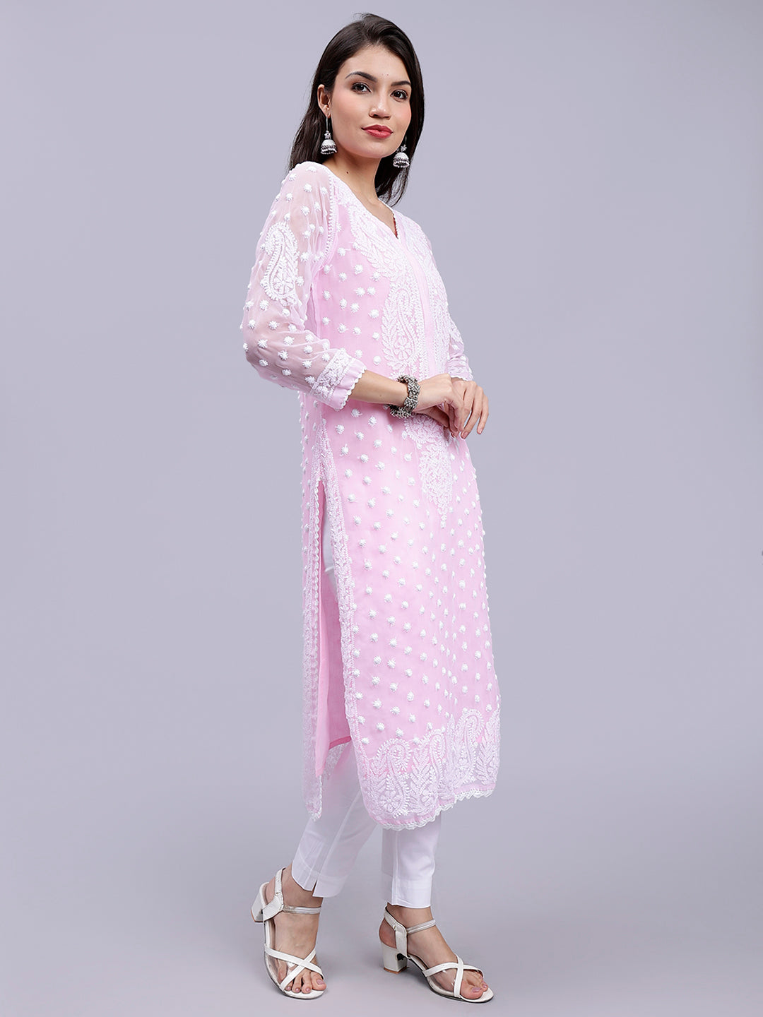 Pink Georgette Handwoven Chikankari Kurti with Slip