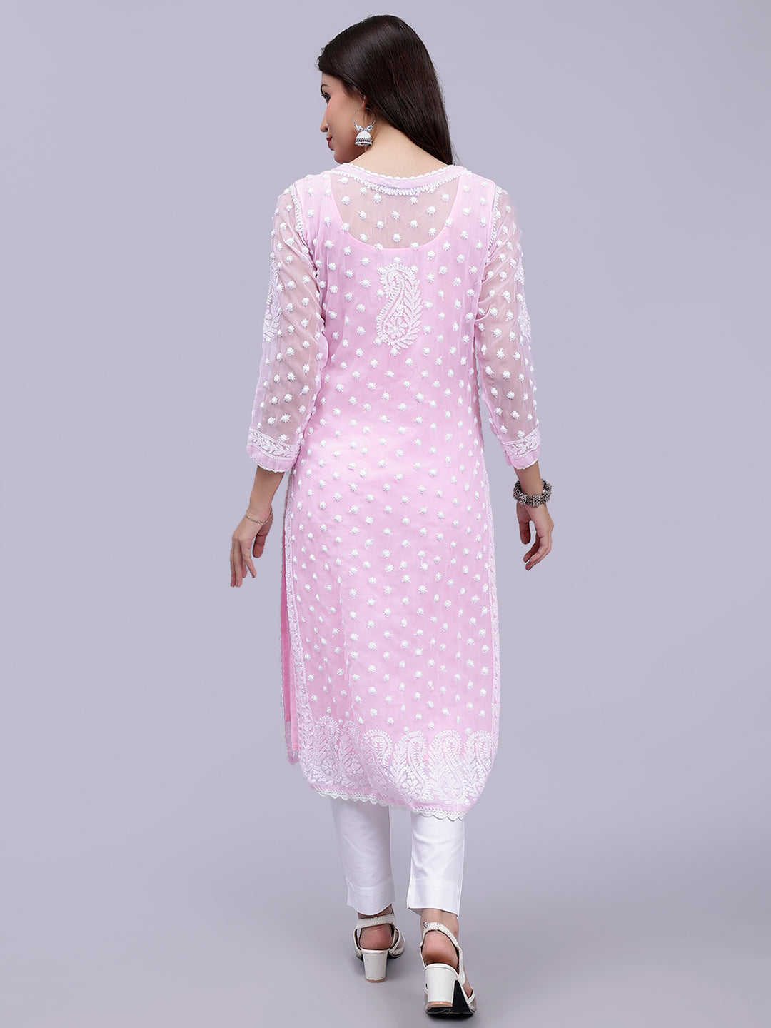 Pink Georgette Handwoven Chikankari Kurti with Slip