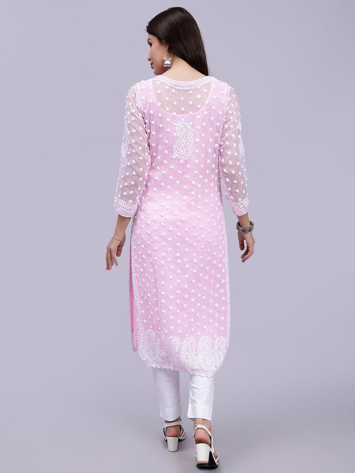 Pink Georgette Handwoven Chikankari Kurti with Slip