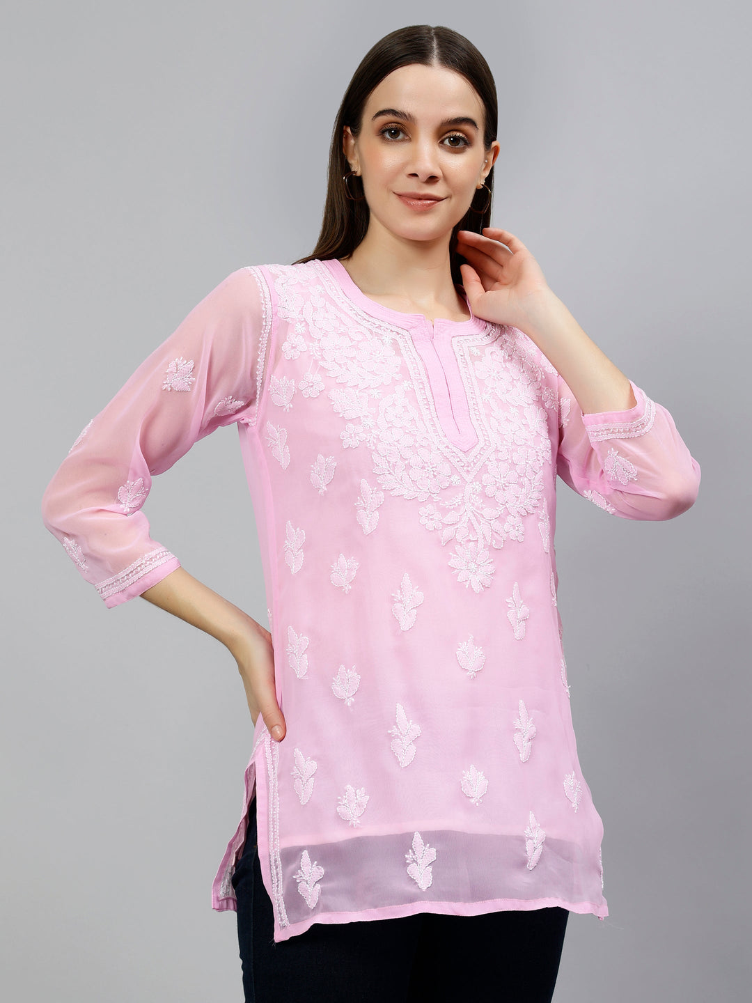 Pink Georgette Lucknowi Chikankari Short Tunic with Slip