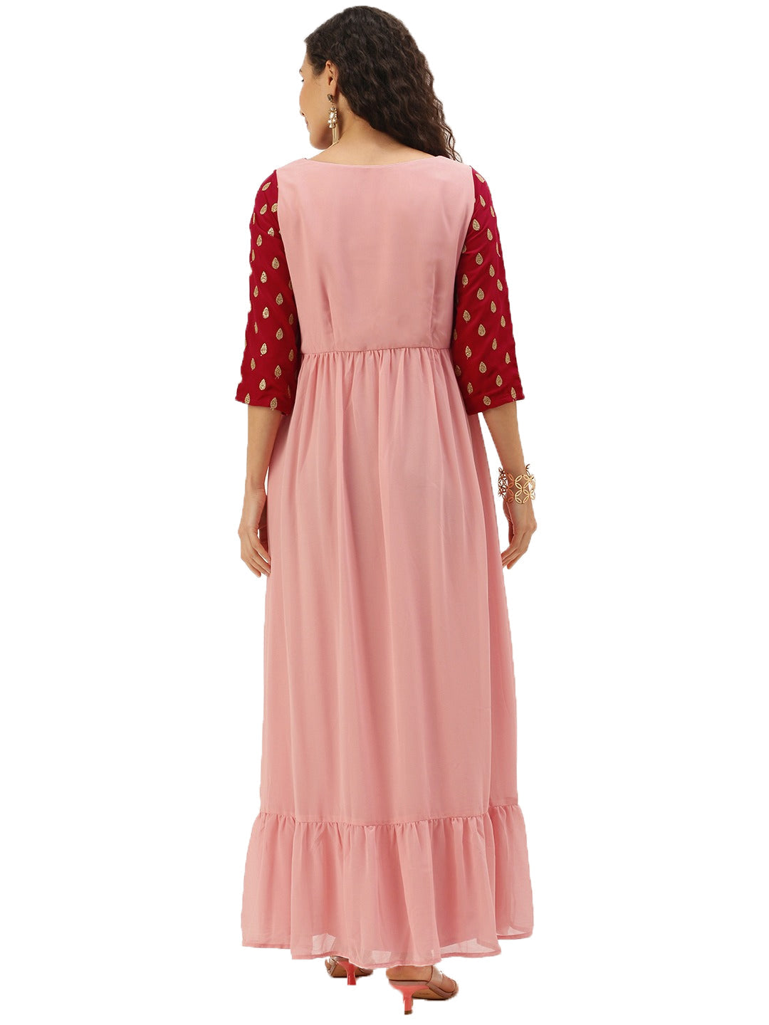 Pink-Georgette-&-Magenta-Embroidered-Dress
