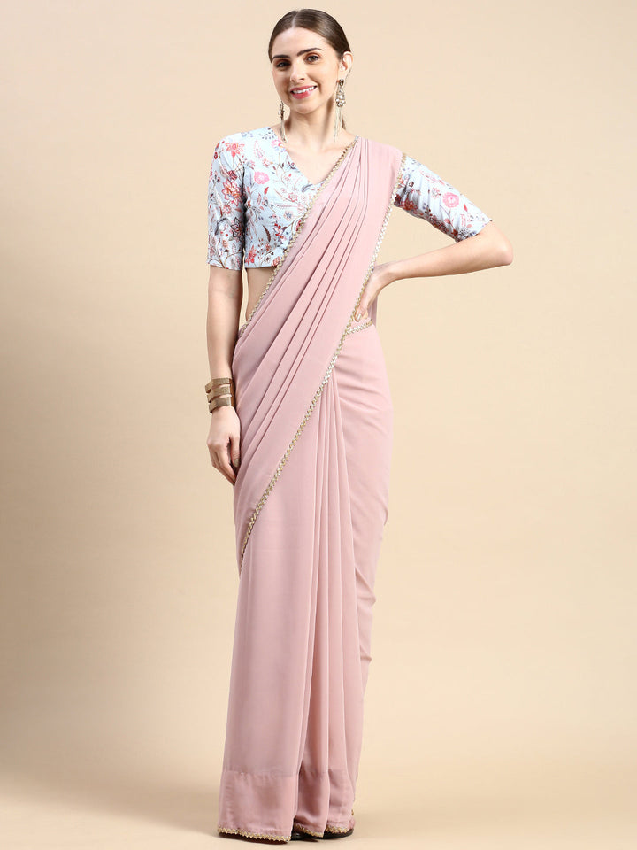 Pink Georgette Saree with Pale Blue Printed Blouse