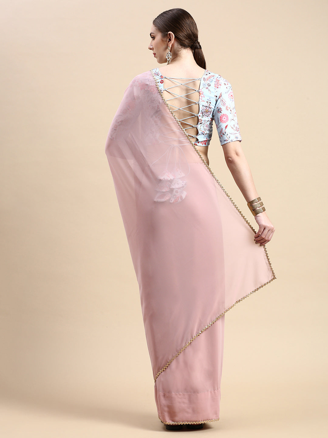 Pink Georgette Saree with Pale Blue Printed Blouse