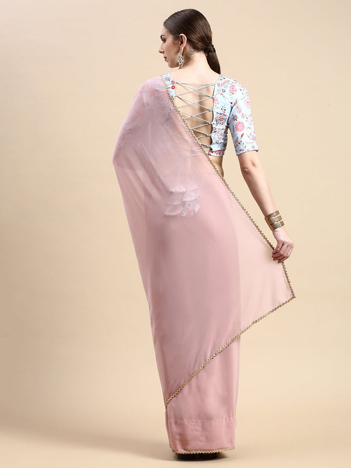 Pink Georgette Saree with Pale Blue Printed Blouse