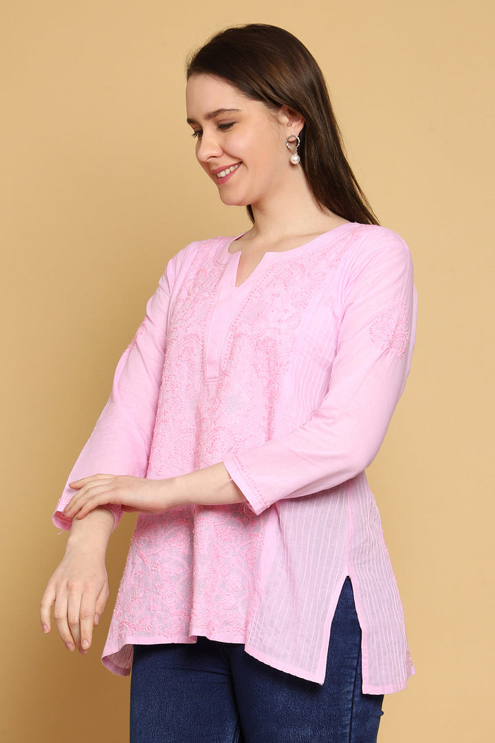 Pink Hand Embroidered Chikankari Side-Pleated Tunic Top