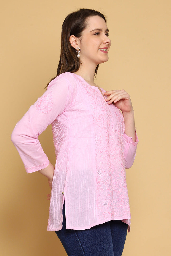 Pink Hand Embroidered Chikankari Side-Pleated Tunic Top