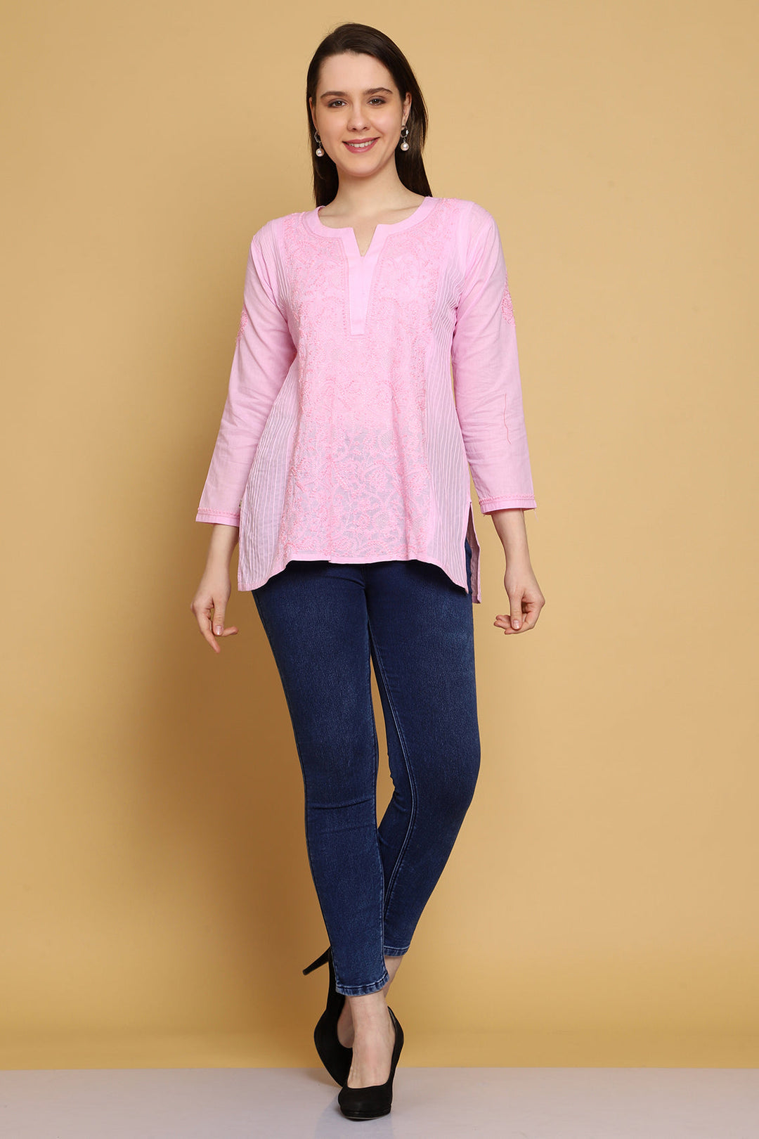 Pink Hand Embroidered Chikankari Side-Pleated Tunic Top