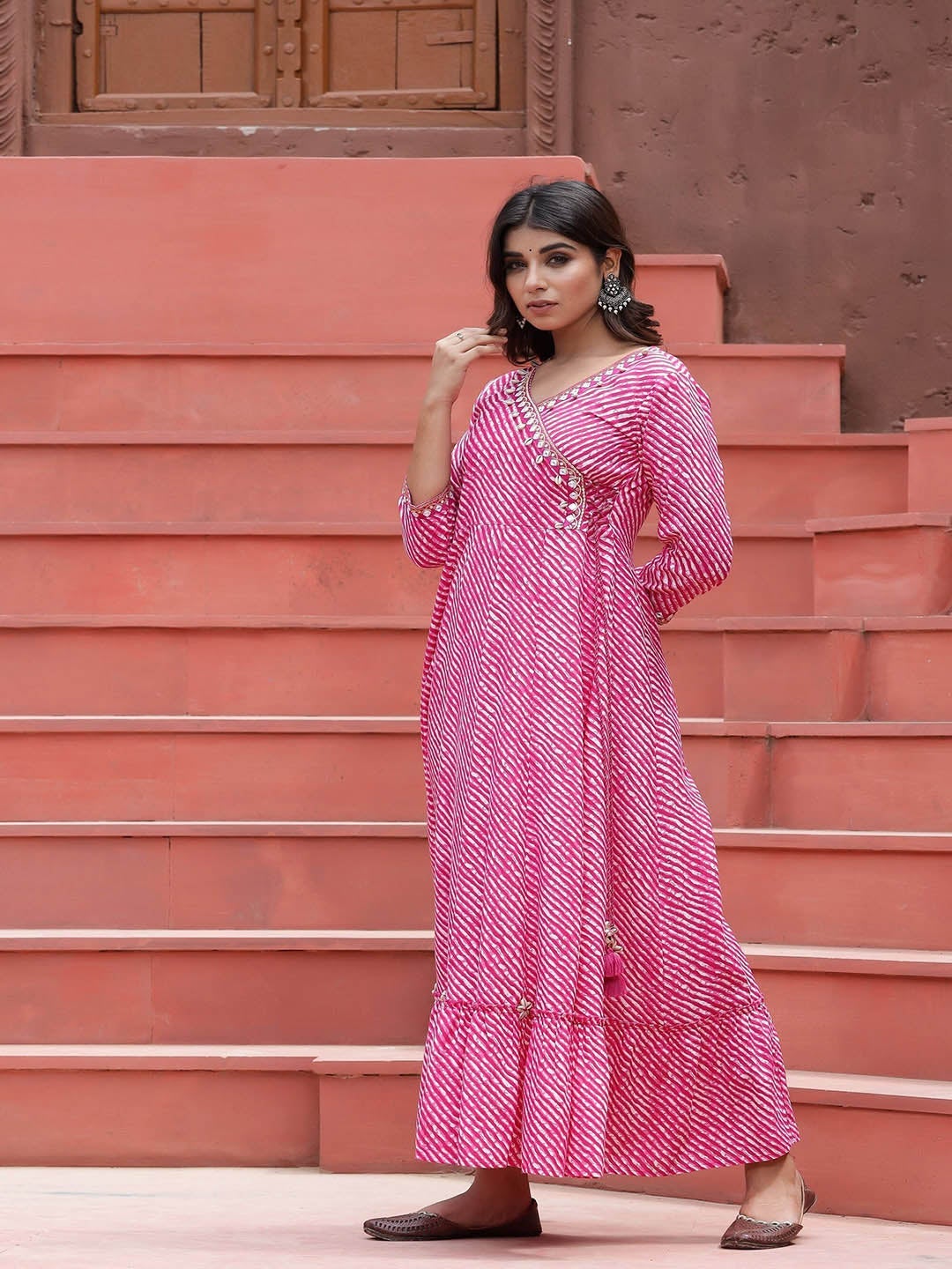 Fabric Pure Cotton Lahariya Kurti Pink Color - Jaipuri Clothes
