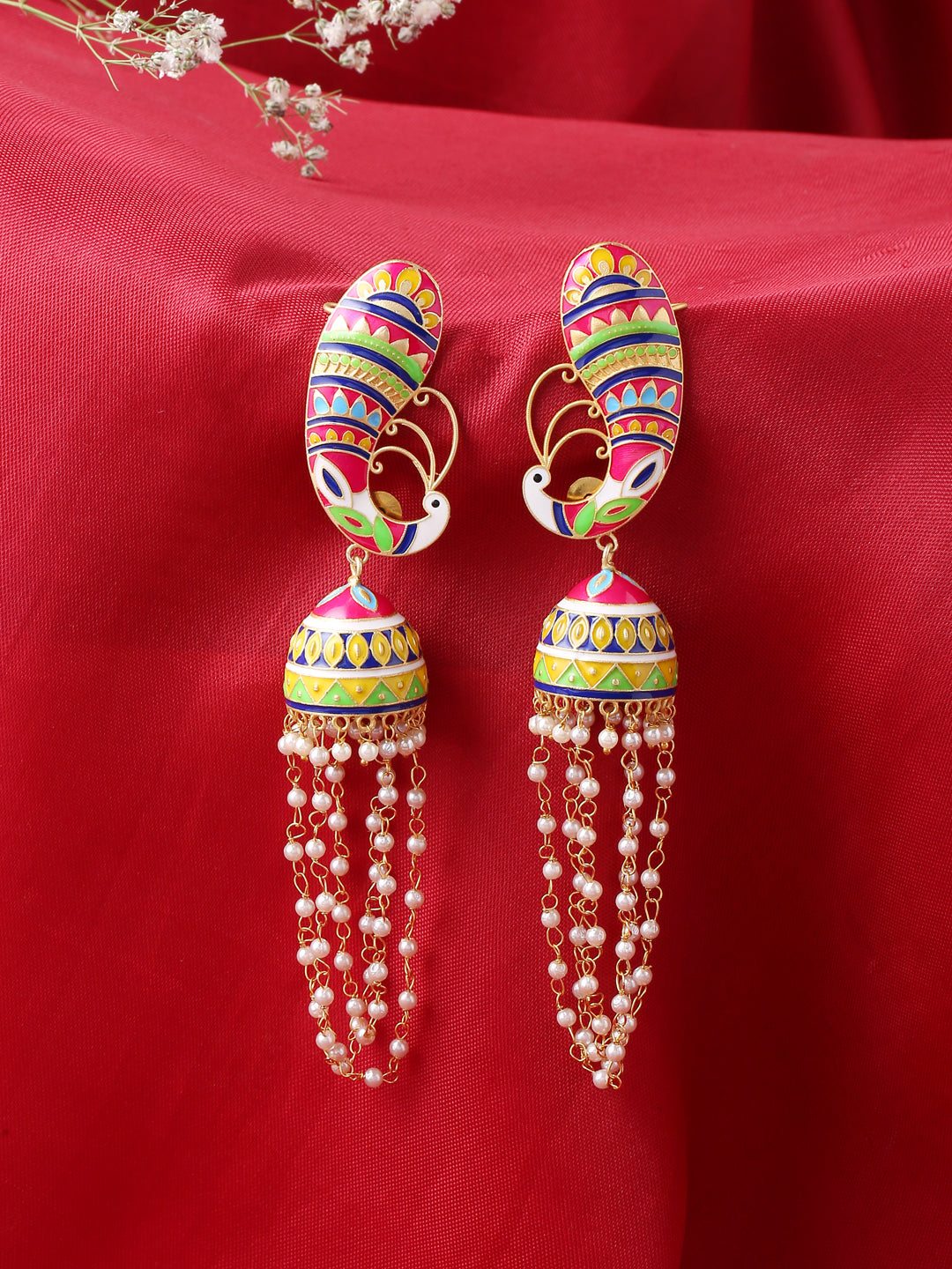 Pink Meenakari Peacock Jhumka Earrings