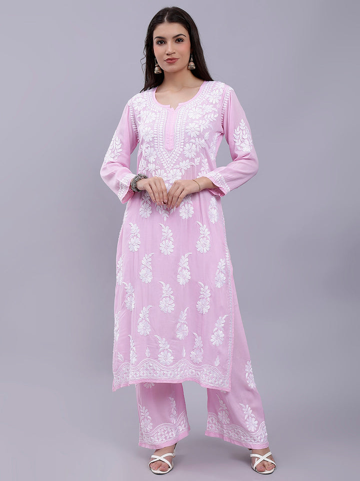 Pink Modal Cotton Chikankari Kurta With Palazzo Set