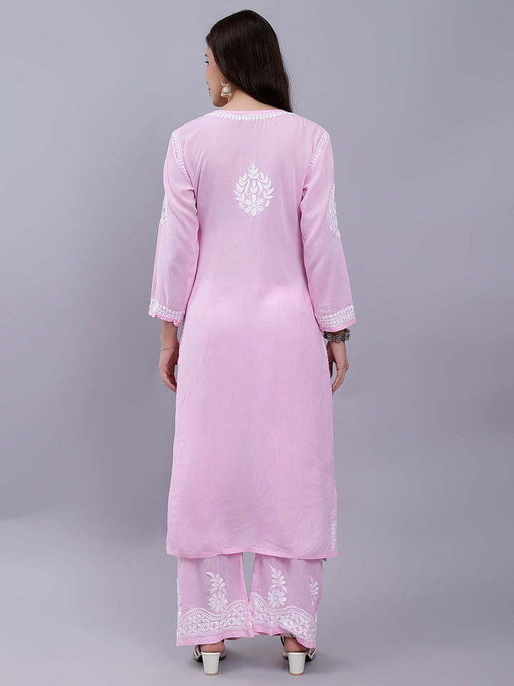 Pink Modal Cotton Chikankari Kurta With Palazzo Set