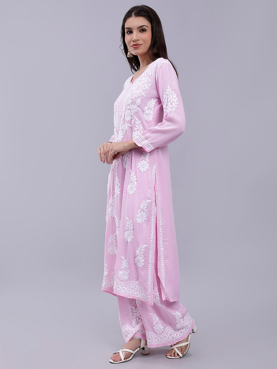 Pink Modal Cotton Chikankari Kurta With Palazzo Set