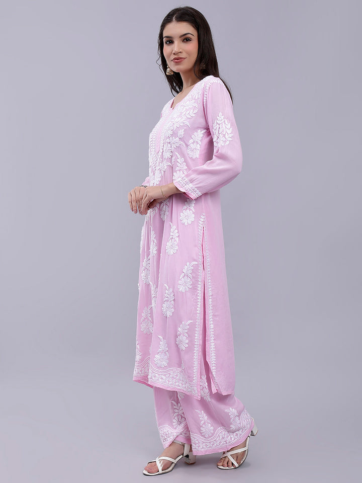 Pink Modal Cotton Chikankari Kurta With Palazzo Set