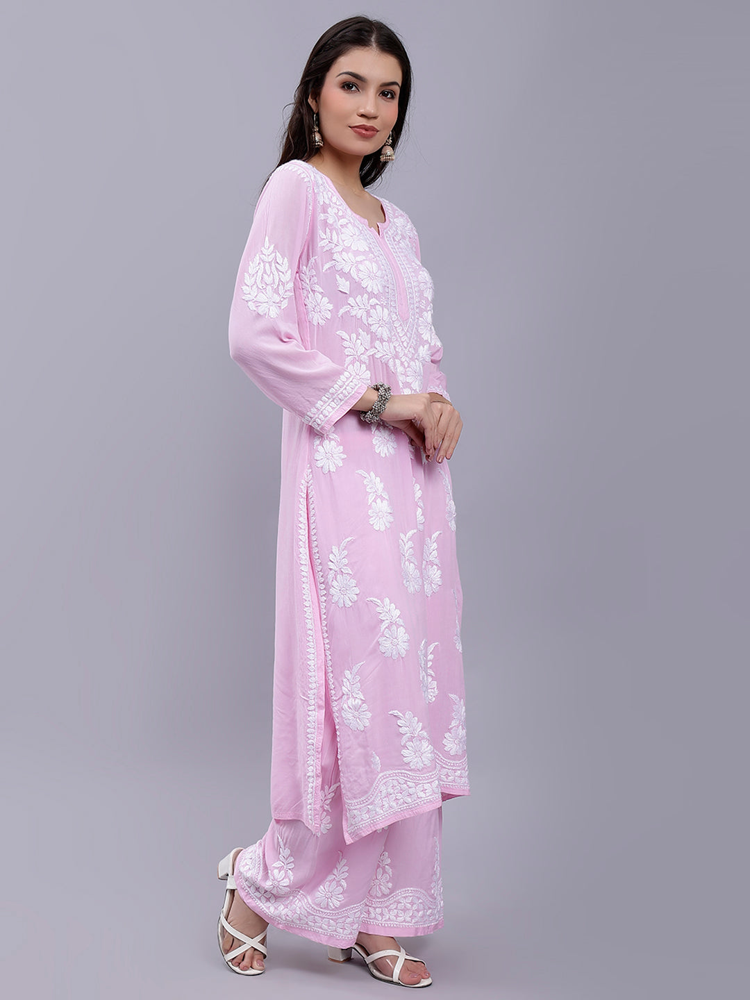 Pink Modal Cotton Chikankari Kurta With Palazzo Set