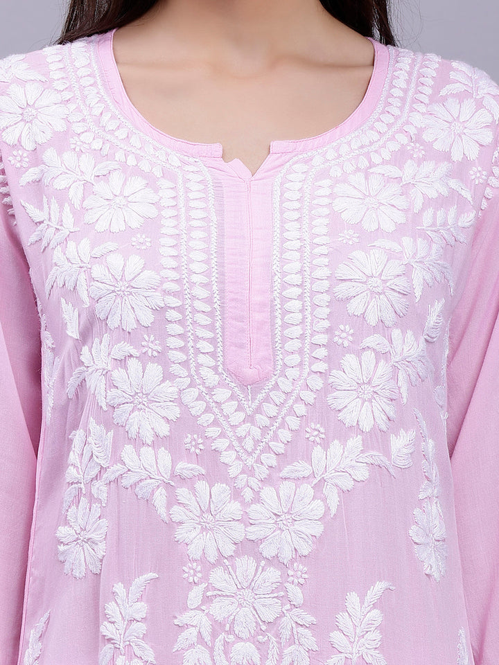 Pink Modal Cotton Chikankari Kurta With Palazzo Set