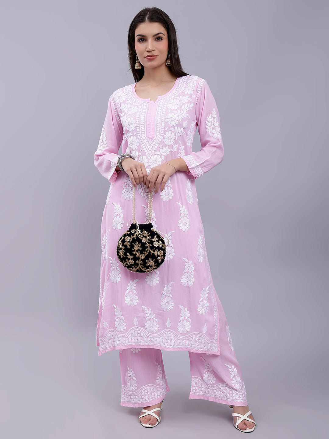 Pink Modal Cotton Chikankari Kurta With Palazzo Set