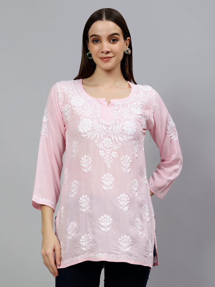 Pink Modal Embroidered Lucknowi Chikankari Short Tunic