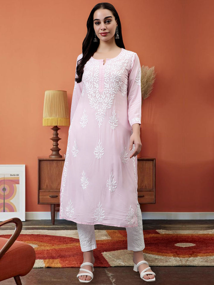 Pink-Modal-Hand-Embroidered-Chikankari-Kurta