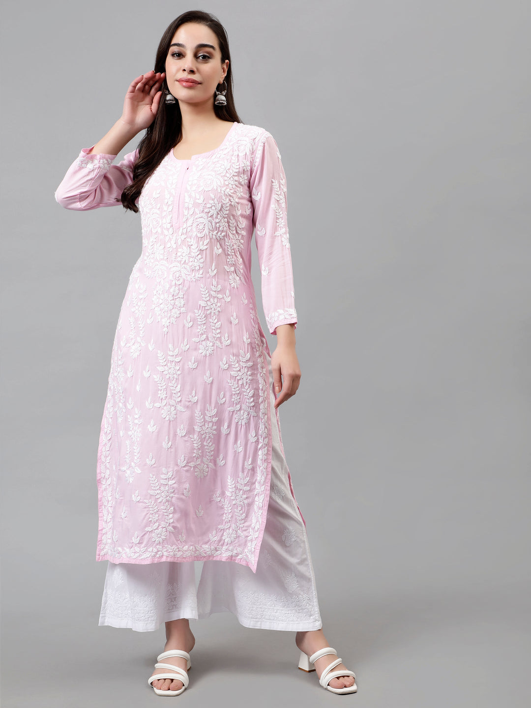 Pink-Modal-Hand-Embroidered-Lucknowi-Chikankari-Kurti