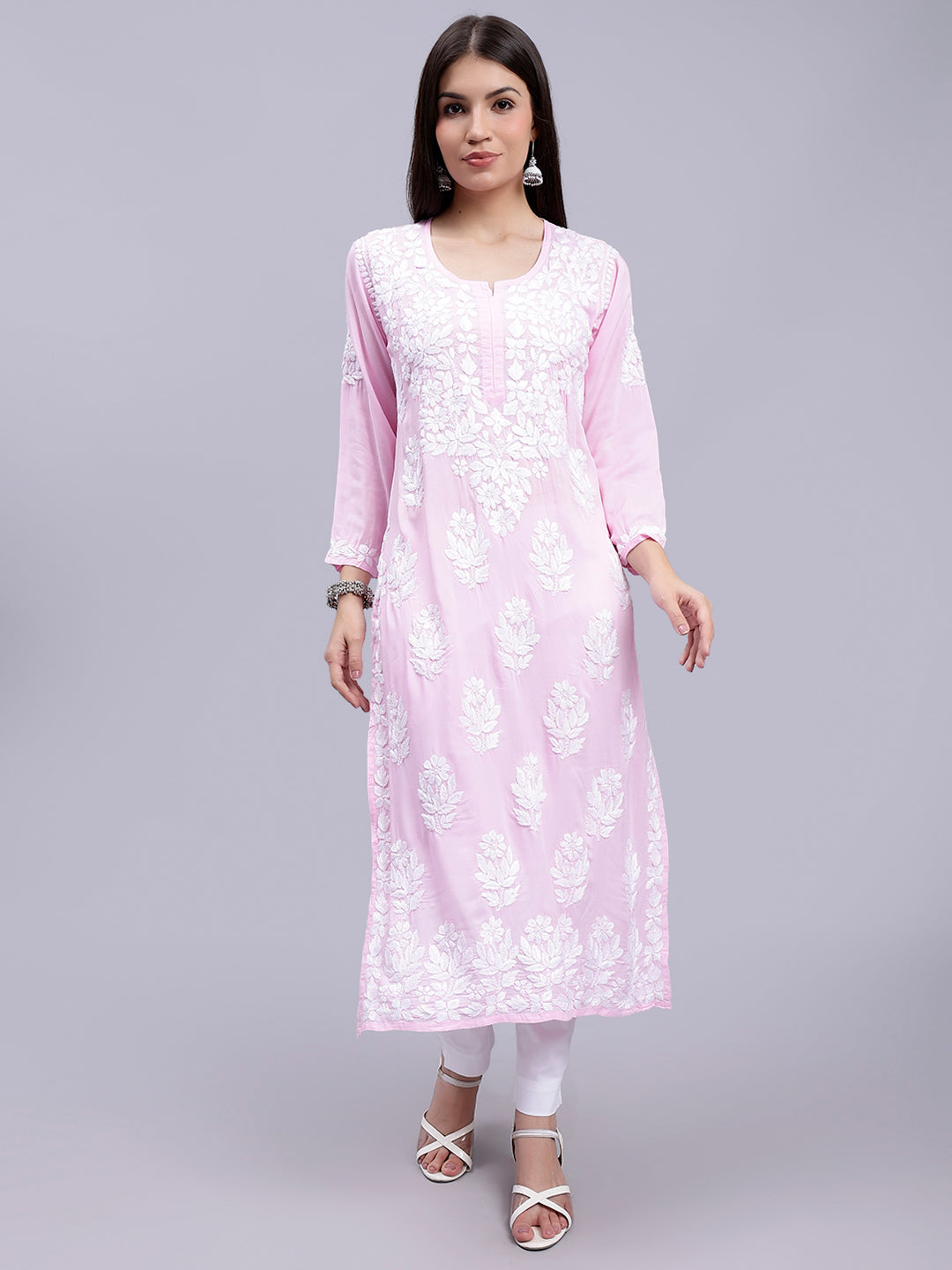 Pink Modal Handwoven Chikankari Kurti