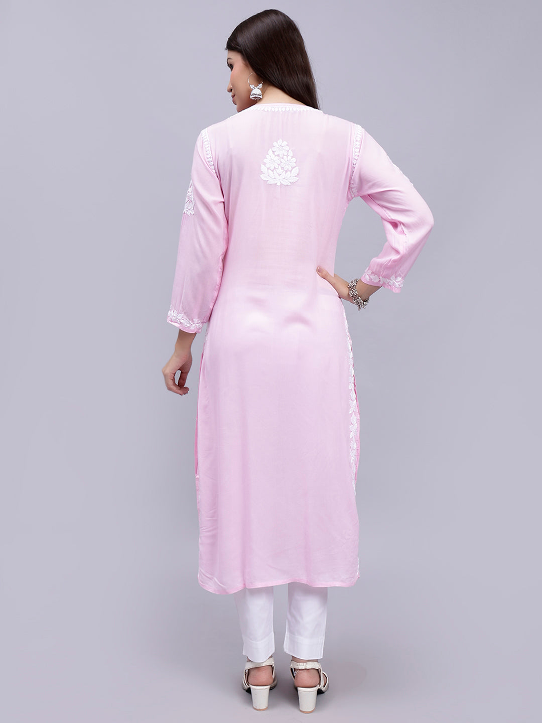 Pink Modal Handwoven Chikankari Kurti